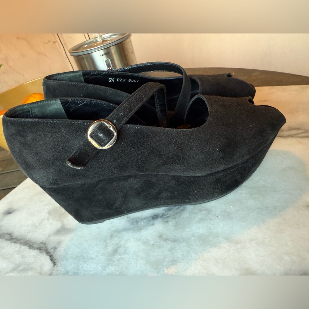 Vintage Robert Clergerie black suede platform peep toe heels